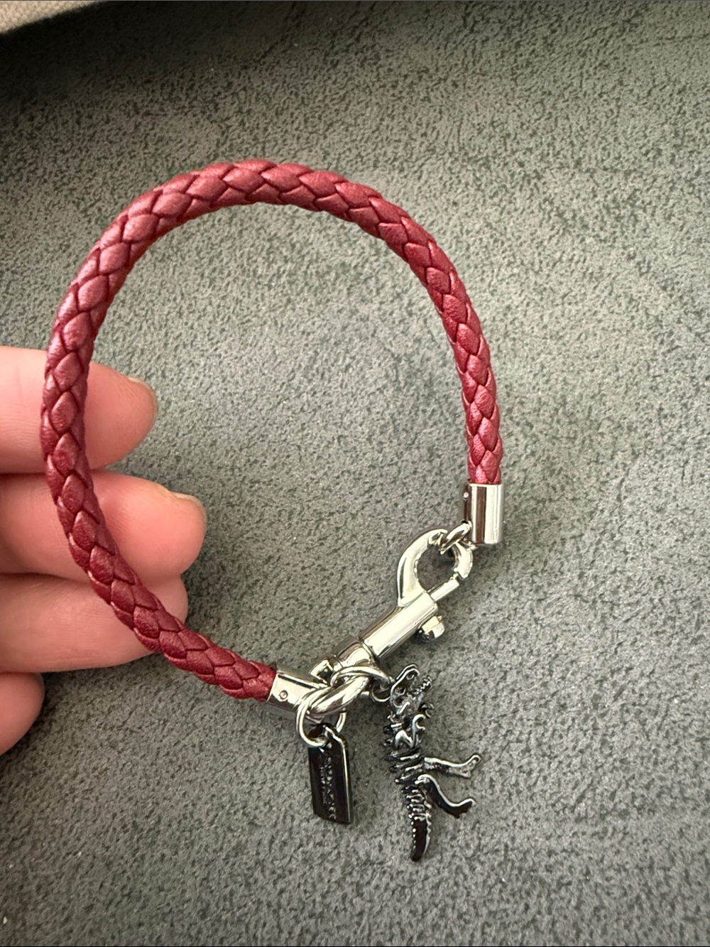 Coach Braided Wine Red Leather Charm Bracelet with Silver Hardware